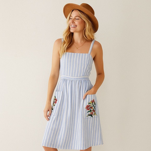 NWT Urban Outfitters Dress Small Midi 100% Cotton Stripe Boho Coastal Blue White - Picture 1 of 10